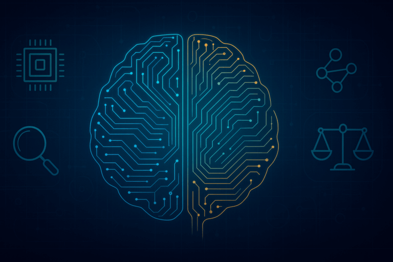 High-tech hero graphic that riffs on compute (chip), interpretability (magnifying glass), data nets, and ethical balance. Features a large brain-shape made of circuitry as the centerpiece.
