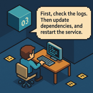 Tiny pixel human at a terminal; towering translucent AI cube hovers overhead with scrolling green text. Sticky notes litter the floor: “TLS broke,” “Cache again?!”.