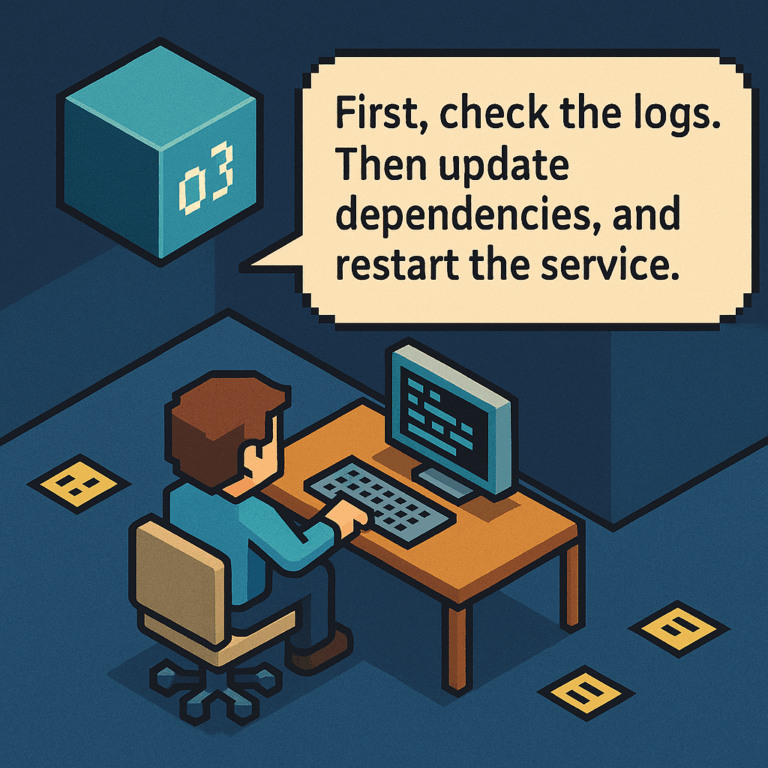 Tiny pixel human at a terminal; towering translucent AI cube hovers overhead with scrolling green text. Sticky notes litter the floor: “TLS broke,” “Cache again?!”.