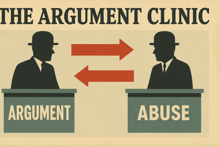 1970s-style British placard: two silhouettes in bowler hats at desks facing off, one placard labelled “ARGUMENT”, the other “ABUSE.” Background is grainy newsprint beige; bold red arrows point back and forth.