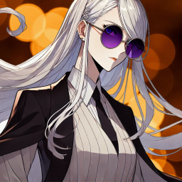 Avatar of Doctor Wyrm — anime-style portrait with long silver-white hair flowing on a white background, round violet sunglasses, black blazer and tie over a cream pleated blouse, confident gaze.