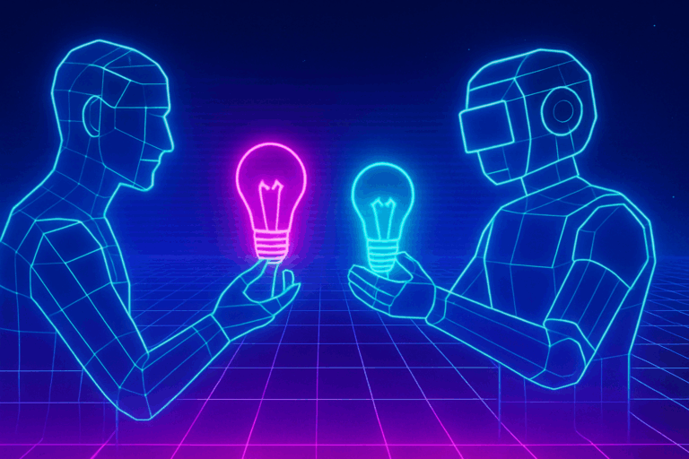 1980s Tron-style grid receding into darkness; in the foreground, a wireframe human and a wireframe robot swap holographic lightbulbs. Electric blues & hot pinks.