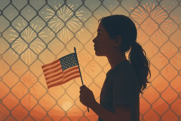 A Hispanic teen holds an American flag and watched 4th of July fireworks from behind a chain link detention center fence