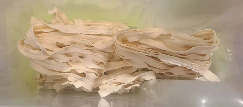 Dried udon noodle shown in their storage container.