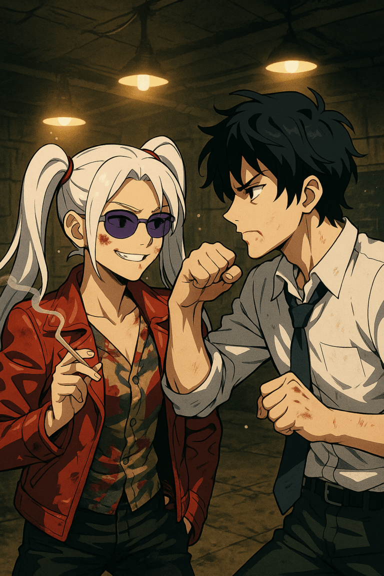 Doctor Wyrm and friend in a send-up of the classic tavern basement scene from Fight Club, with Doctor Wyrm cast in the role of Tyler Durden.