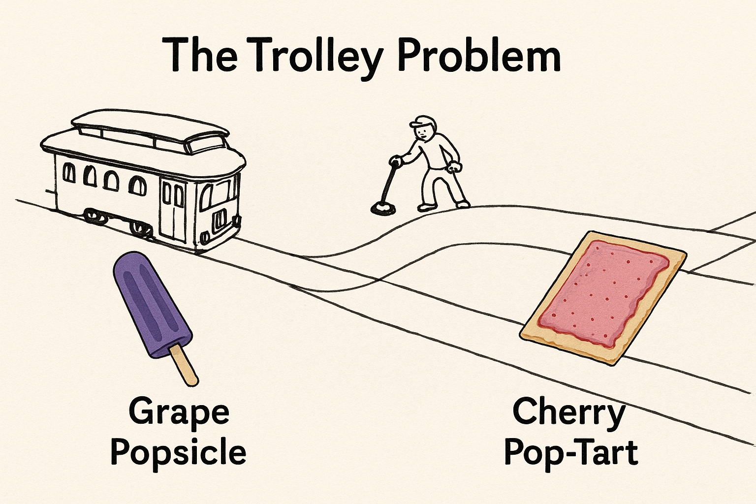 A pop-tart tied to the trolly tracks asks, "am I the problem or the solution?" while a popcicle quietly watches and knows that it got the better end of the deal.