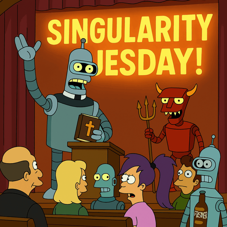 Before a bemused congregation, a robot preacher predicts that the singularity will happen on Tuesday, while the robot devil eggs him on.