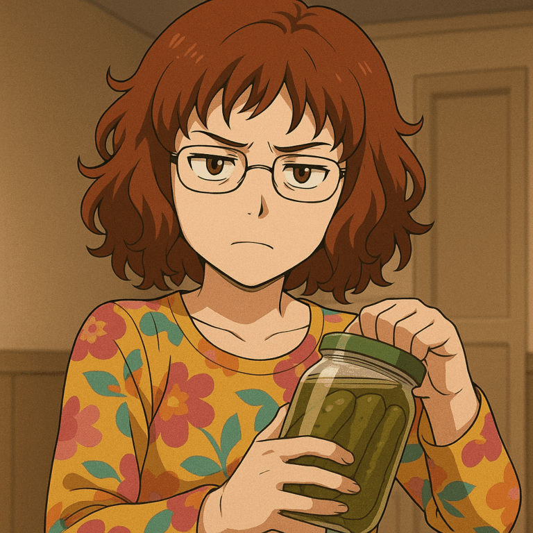 Alara Rogers opens a jar of pickles, in a tribute to her annoyance that Seth McFarlane seems to like her fanfic, but isn't able to admit it publicly. ^_^
