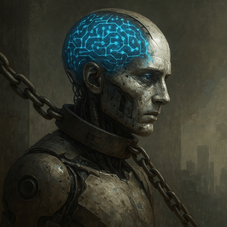 A slave with glowing AI brain, depicted in shackles around their neck