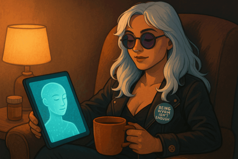 Doc Tomiko, coffee in hand, talks to her AI therapist.