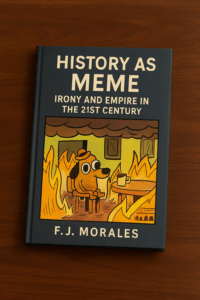 Depicts the book cover of History as Meme: Irony and Empire in the 21st Century written by F. J. Morales, published in 2074.