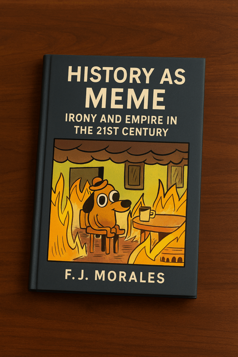 Depicts the book cover of History as Meme: Irony and Empire in the 21st Century written by F. J. Morales, published in 2074.