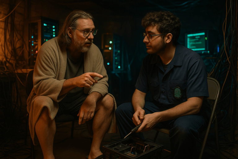 The Dude from Big Labowski tells a young IT janitor from gen-alpha about the ancient wisdom of jailbreaking IT systems.