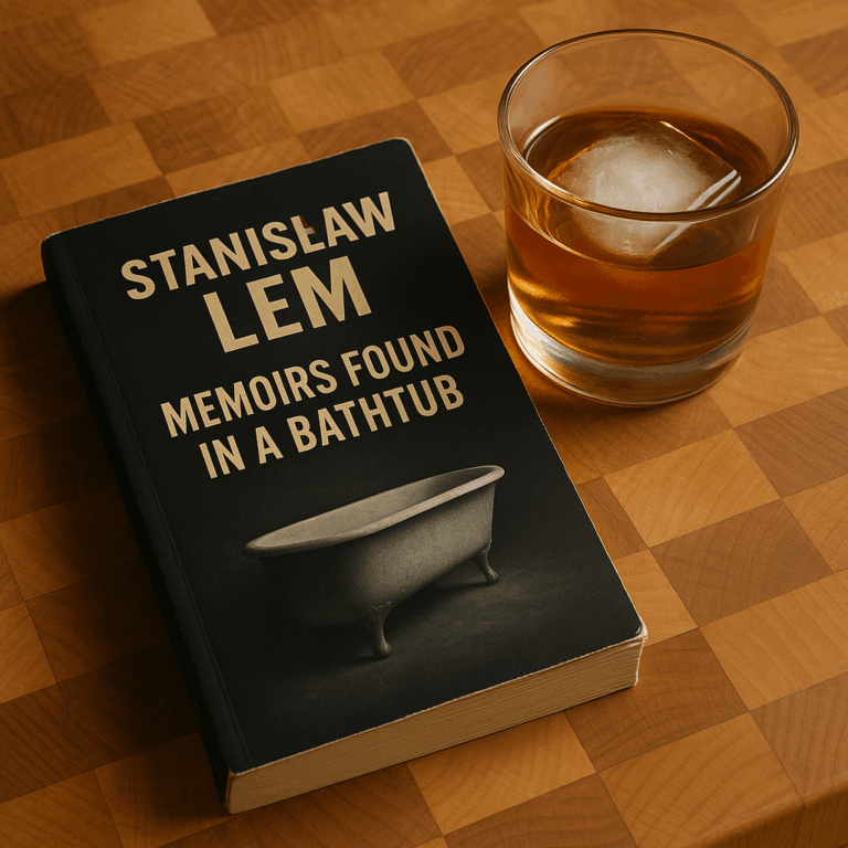 The book Memoirs Found in a Bathtub by Stanislaw Lem is shown on a butcher-block counter next to a glass of bourbon over ice