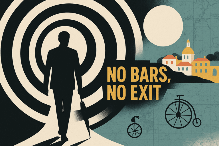 The words "No Bars, No Exit" are shown with The Village in the background and alongside the silhouette of a man assumed to be Pattrick McGoohan's character Number Six as he walks into a black and white bullseye like it is a round tunnel.