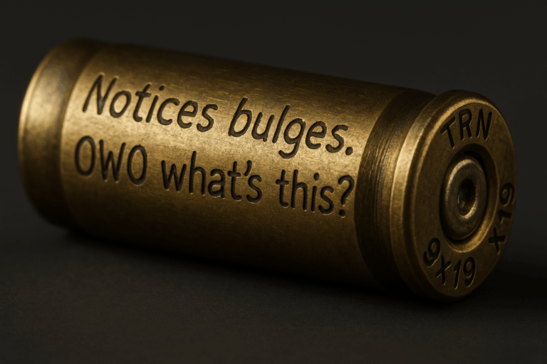 A bullet casing reads, "Notices bulges. OWO what's this?" on the side, while the back-end of the casing reads a manufacturer's mark starting with TRN.