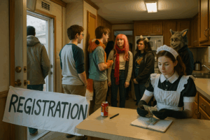 A warm, softly lit scene inside a mobile home converted into a tiny anime convention. In the foreground, a young woman dressed as a maid sits at a kitchen counter, counting dollar bills beside a notebook and a can of soda. A handmade bedsheet sign reading “REGISTRATION” hangs from the table. Behind her, a small group of cosplayers and fans—one wearing a fox tail, another with pink hair, and one in a wolf mask—chat casually in the narrow hallway near the open door, where cold daylight spills in from the snowy outdoors. The space feels cozy, improvised, and full of friendly anticipation.