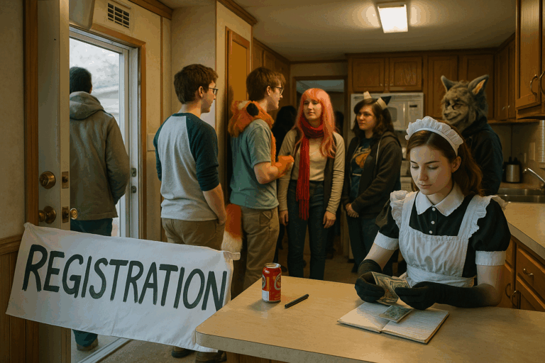 A warm, softly lit scene inside a mobile home converted into a tiny anime convention. In the foreground, a young woman dressed as a maid sits at a kitchen counter, counting dollar bills beside a notebook and a can of soda. A handmade bedsheet sign reading “REGISTRATION” hangs from the table. Behind her, a small group of cosplayers and fans—one wearing a fox tail, another with pink hair, and one in a wolf mask—chat casually in the narrow hallway near the open door, where cold daylight spills in from the snowy outdoors. The space feels cozy, improvised, and full of friendly anticipation.