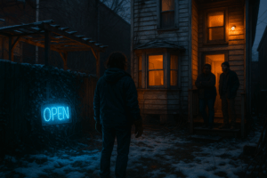 A figure in winter clothes stands in a snowy backyard at twilight, facing a glowing blue neon “OPEN” sign tangled in ivy, while two neighbors watch from the porch of a weathered wooden house lit with warm amber light.