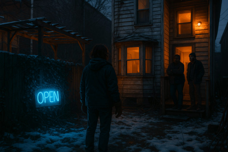 A figure in winter clothes stands in a snowy backyard at twilight, facing a glowing blue neon “OPEN” sign tangled in ivy, while two neighbors watch from the porch of a weathered wooden house lit with warm amber light.