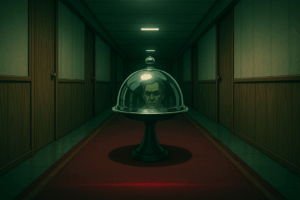 A polished silver cloche reflects a distorted face at the end of a dim, burgundy-carpeted trailer corridor.
