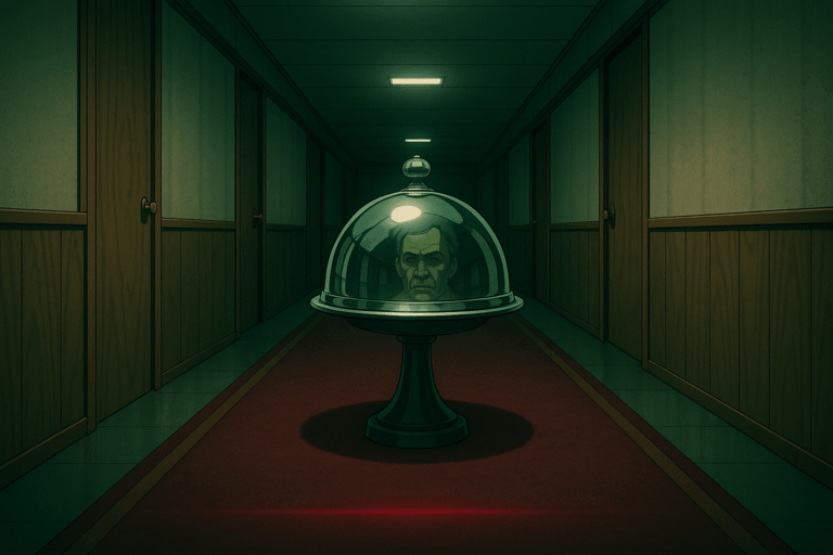 A polished silver cloche reflects a distorted face at the end of a dim, burgundy-carpeted trailer corridor.