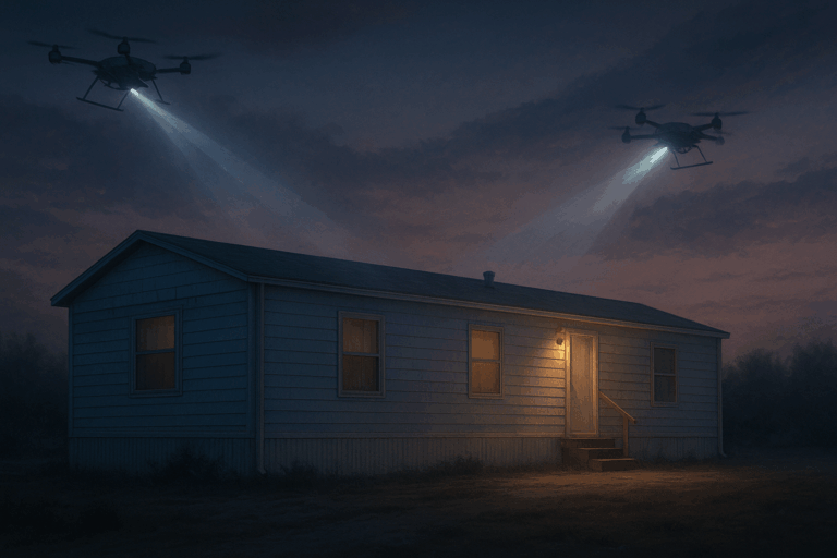 A powder-blue double-wide trailer under drone searchlights at dusk, its siding glowing faintly in the haze.