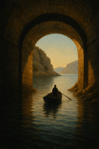 Painting of a lone rowboat gliding out of a dark stone tunnel into a sunlit bay bordered by rocky cliffs, symbolizing emergence, renewal, and peace after hardship.