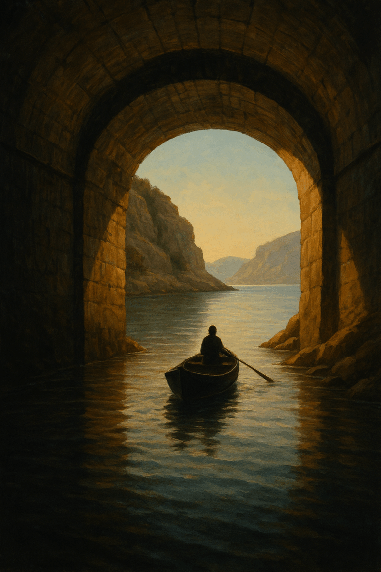Painting of a lone rowboat gliding out of a dark stone tunnel into a sunlit bay bordered by rocky cliffs, symbolizing emergence, renewal, and peace after hardship.