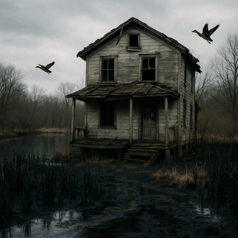 An abandoned house marked “HQ” stands among black reeds and oil-slick puddles in a poisoned marsh, its porch collapsing under the gray spring light.