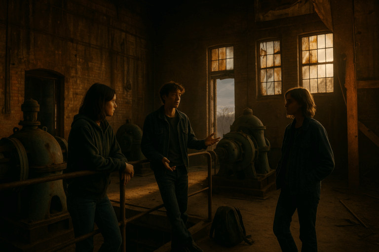 Inside a rusted brick pumping station at sunset, three teens stand among massive green pumps and broken rails as light filters through cracked windows.