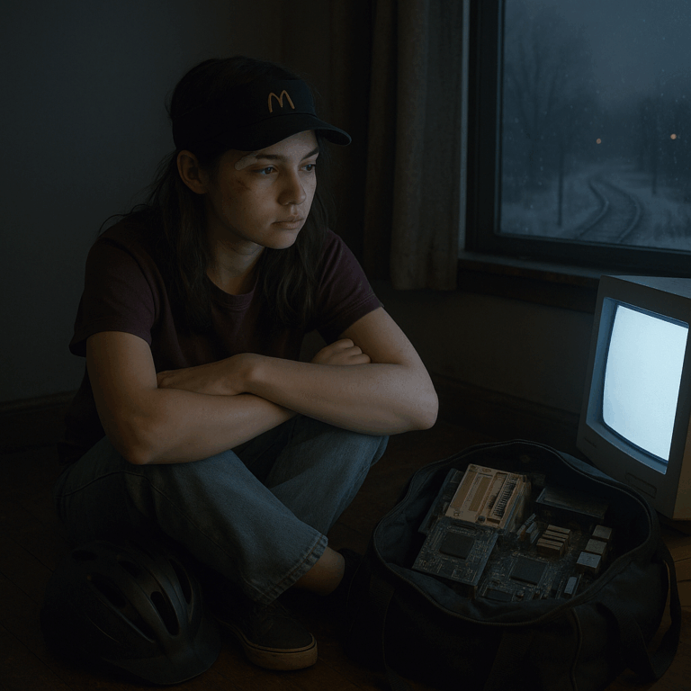 A teenage girl with a bandaged brow sits on the floor of a dim apartment beside a duffel bag filled with glowing computer towers and cables. Snow drifts outside the window where parallel train tracks fade into the distance. A McDonald’s visor and a bike helmet rest near her in the cold blue light.