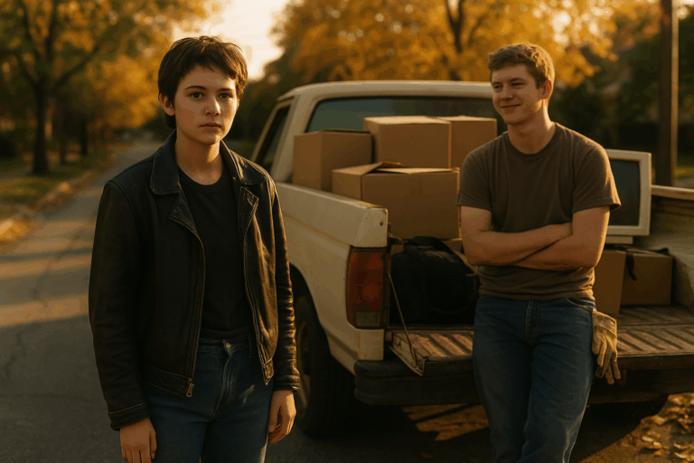 A young woman with a faint scar above her brow stands beside an old pickup truck loaded with boxes, a duffel bag, and a computer monitor. A teenage boy leans on the tailgate, smiling shyly as golden autumn light filters through the trees around a quiet suburban street.