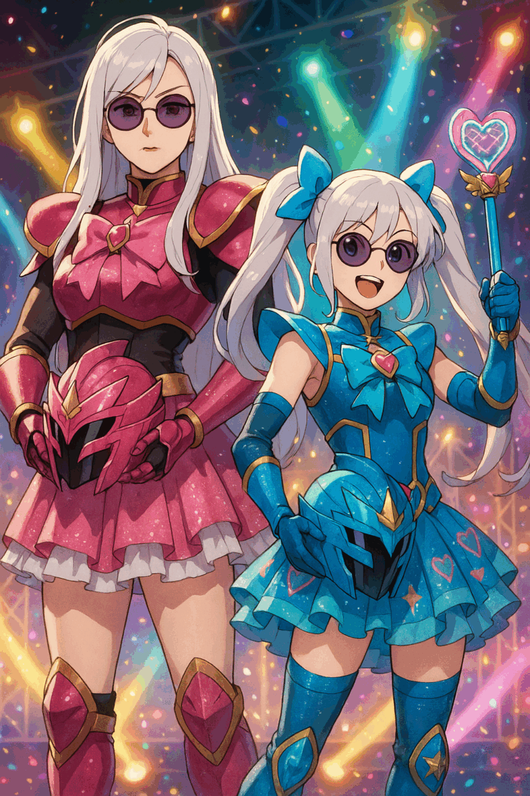 Two anime-style women with long silver-white hair and tinted glasses stand side by side on a brightly lit stage. One wears pink and gold armor, calm and stoic; the other wears blue and gold armor with a cheerful grin, twin-tails, holding a heart-topped staff. They face the audience together under colorful spotlights and falling confetti.