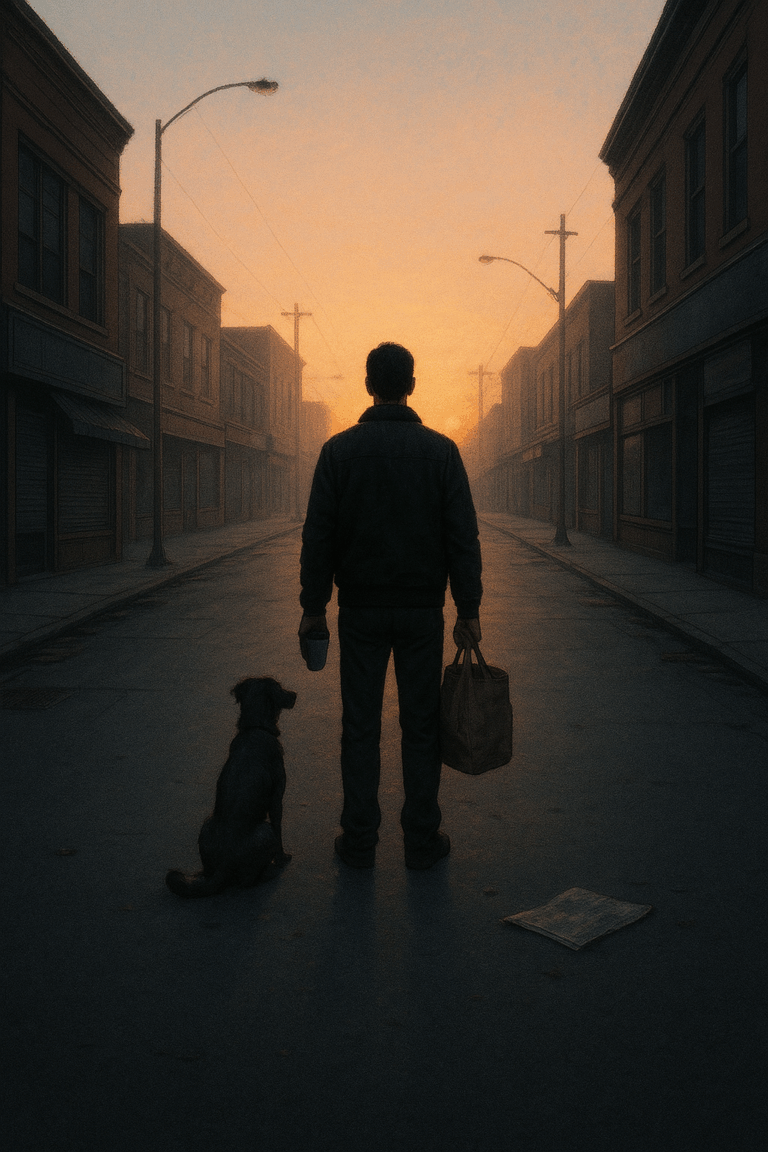Silhouetted man with dog on an empty city street at sunrise, holding coffee and grocery bag; no other people or lights visible.