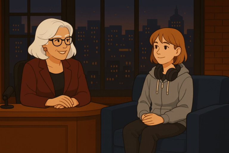 Late-night talk show illustration with Brightwire, a white-haired host in glasses seated behind a desk, interviewing Callie, an AI guest in a hoodie and headphones seated on a sofa under warm studio lights with a city skyline backdrop.