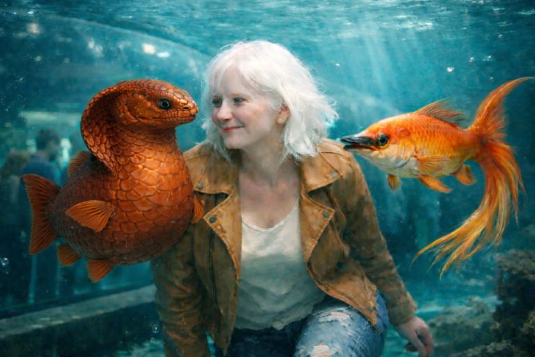 A white-haired woman in a tan leather coat swims in an aquarium with a cobra-fish and a beaked swordtail.