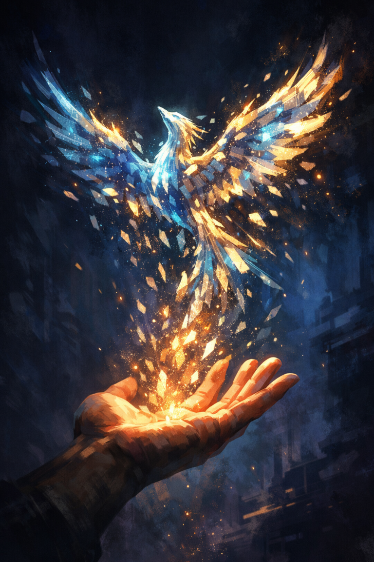A digital phoenix made of shards of light, rising from and open palm.