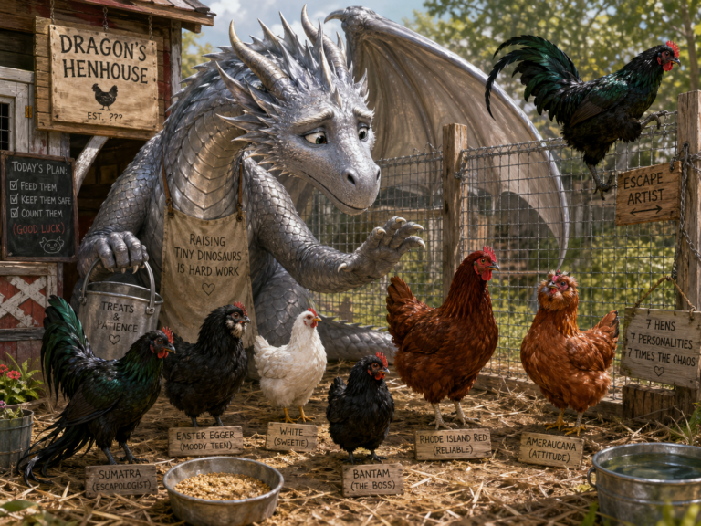 A silver dragon attempts to get his chickens to pose for a photo, but someone is literally on the run.