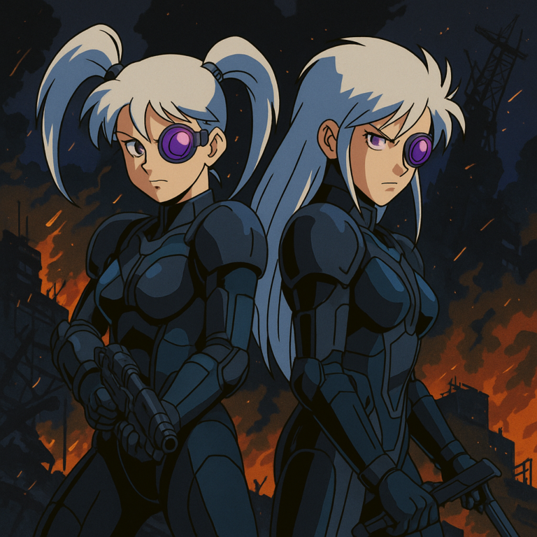 Vivian and Tomiko appear as the twin androids from the anime Black Magic M-66.