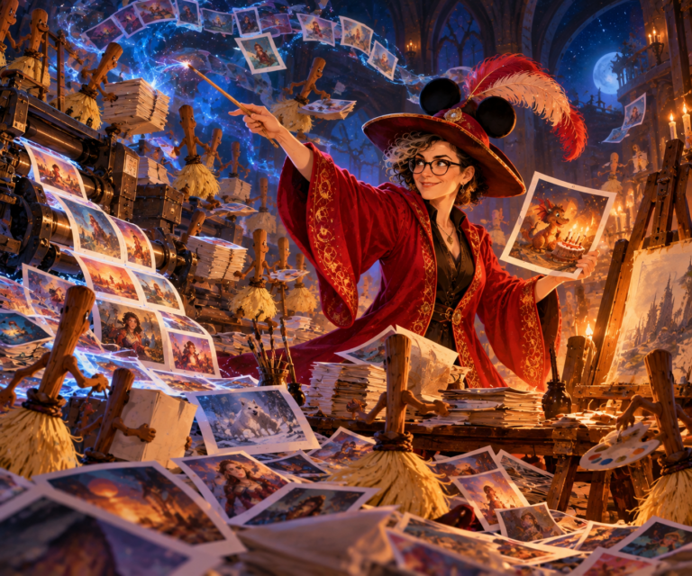 A bespectacled sorceress in red robes and a feathered, mouse-eared tricorne hat directs magical broomsticks producing mountains of AI-generated artwork in a fantastical studio.