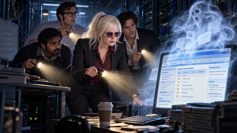 Tomiko and three IT colleagues investigate a ghostly apparition emerging from a SharePoint 2007 monitor in a dark server room, unaware of the glowing eyes beneath a desk.