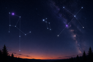 Three constellations traced in fine lines against a star-filled twilight sky, with violet stars glowing among them. The Milky Way rises above a distant orange horizon framed by silhouetted trees.
