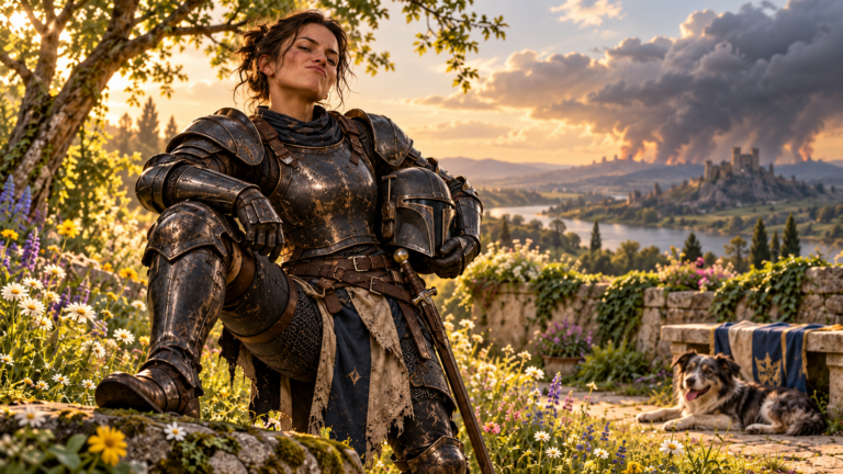 A defiant woman in battered black armor stands with one boot on a mossy stone, holding a dark Mandalorian-style helmet. Wildflowers surround her, a dog rests nearby, and storm clouds gather over a distant castle.